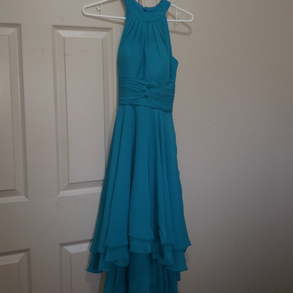 Bridesmaid hi-low halter tourqouise dress